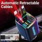 🔋📱 Cargador de coche rápido 7 en 1 retráctil con pantalla de voltaje – USB-C para Android y Lightning para Apple