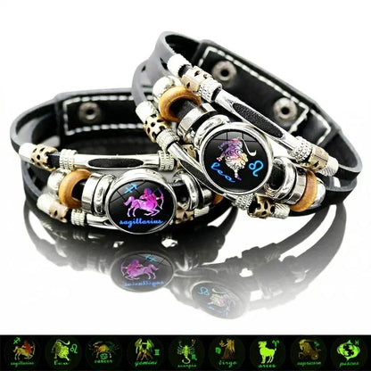Pulsera de cuero zodiacal luminosa en la oscuridad para hombres y mujeres – 12 signos del zodiaco (6,9/8,1 pulgadas)