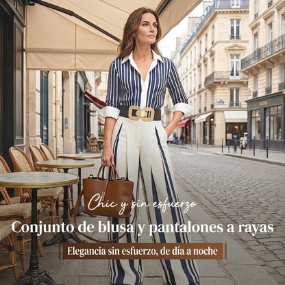 📢📢 ¡50% DE DESCUENTO! ⏰ Conjunto de 2 piezas para mujer: camisa de rayas y pantalones de pierna ancha