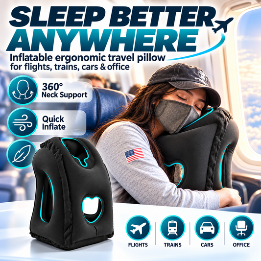 ✈️ Almohada de viaje ergonómica hinchable con hueco en el centro – Acabado flocado en PVC, inflado rápido, con bolsa de almacenamiento ✨