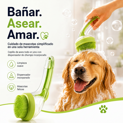 Cepillo de baño para mascotas con mango largo y dispensador de champú