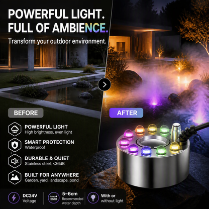💨 ¡50% DE DESCUENTO AHORA! ⚡ Generador de niebla ultrasónico de 12 LED – Crea una niebla fresca con luces de colores – Ideal para humidificadores, fuentes o decoración de Halloween – Funciona silenciosamente en el agua 💧✨