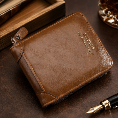 Cartera vintage corta para hombre con cierre de cremallera completo y diseño tríptico
