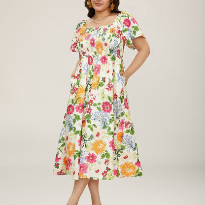 ⏰🌈¡Gran oferta de verano 70% DE DESCUENTO! 💃 Vestido midi floral con escote cuadrado fruncido y bolsillos