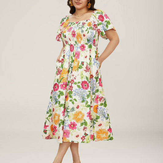 ⏰🌈¡Gran oferta de verano 70% DE DESCUENTO! 💃 Vestido midi floral con escote cuadrado fruncido y bolsillos