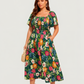 ⏰🌈¡Gran oferta de verano 70% DE DESCUENTO! 💃 Vestido midi floral con escote cuadrado fruncido y bolsillos