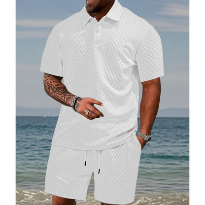 Conjunto masculino de 2 piezas con estampado de rombos: camiseta de manga corta con cuello vuelto y pantalones cortos con cordón ajustabl