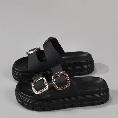 Sandalias tipo slide con punta abierta y diseño recortad