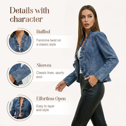 🧥 ¡50% DE DESCUENTO AHORA! 🌸 Chaqueta vaquera abierta para mujer con volantes – ligera, femenina y versátil – elegante para cualquier outfit 👗