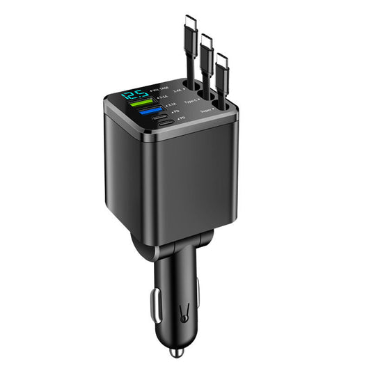 🔋📱 Cargador de coche rápido 7 en 1 retráctil con pantalla de voltaje – USB-C para Android y Lightning para Apple