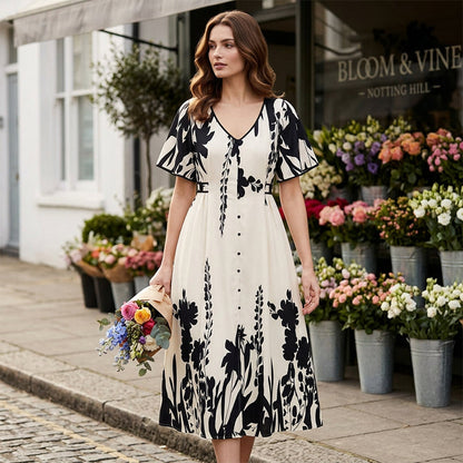 Vestido midi elegante con escote en V y estampado botánic