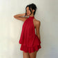 Vestido mini fluido de mujer con cuello halter y cintura caíd