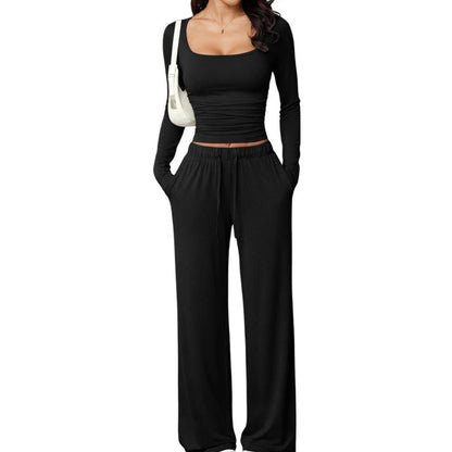 Conjunto de mujer de top con escote cuadrado y pantalón de pierna ancha