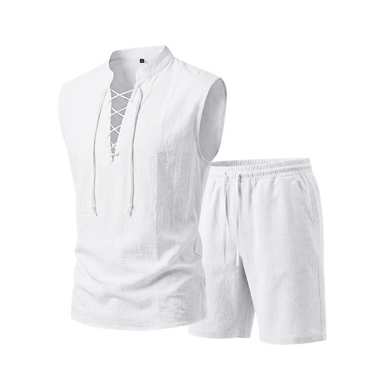 🧵 ¡50% DE DESCUENTO POR TIEMPO LIMITADO! ✨ Conjunto masculino sin mangas de lino – camiseta y shorts con cordones, 7 colores ☀️