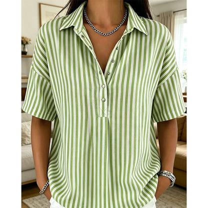 👕 ¡OFERTA POR TIEMPO LIMITADO! 50% DE DESCUENTO ✨ Camisa de Mujer de Manga Corta con Rayas – Corte Holgado, Escote en V y 9 Colores 🍂💕