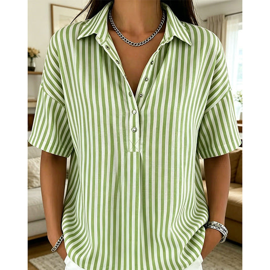 👕 ¡OFERTA POR TIEMPO LIMITADO! 50% DE DESCUENTO ✨ Camisa de Mujer de Manga Corta con Rayas – Corte Holgado, Escote en V y 9 Colores 🍂💕