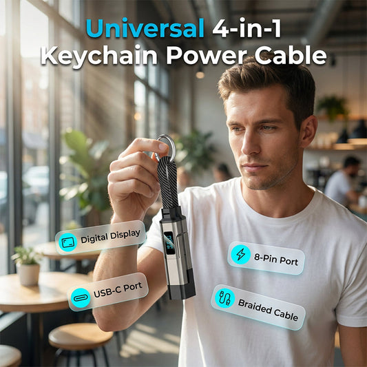 🔌 Cable de carga 4 en 1 con pantalla digital y llavero – Carga rápida, resistente a dobleces y compacto