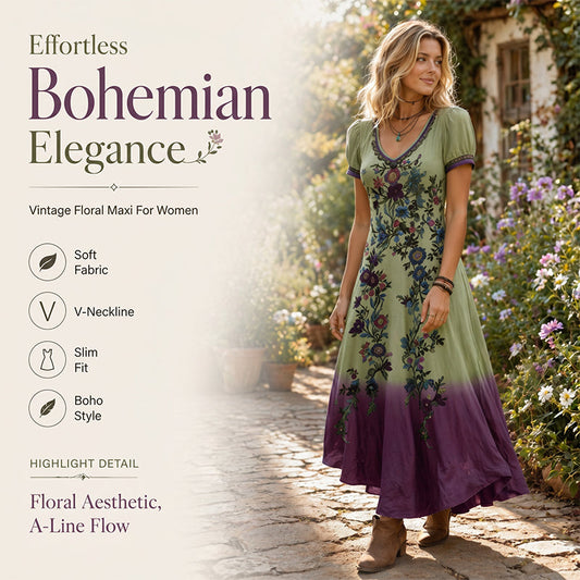 🔥Nuevas Llegadas y Ofertas Especiales – Vestido Maxi Floral Vintage para Mujer con Cuello en V