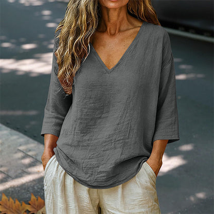 Blusa Casual de Mujer con Cuello en V y Manga Tres Cuartos