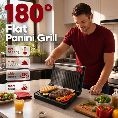 Sandwichera y Paninera Eléctrica con Parrilla Plana de Apertura a 180°
