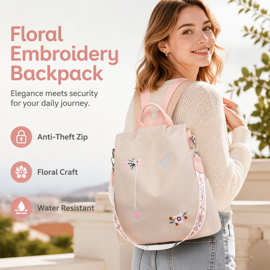 Mochila de Tela Oxford Impermeable con Bordado Floral