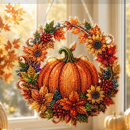 🍂 Decoración colgante de corona de calabazas otoñal con pintura de diamantes – Kit DIY completo