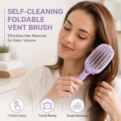 💜 Cepillo ventilado plegable y autolimpiante para el cabello | Ideal para viajes