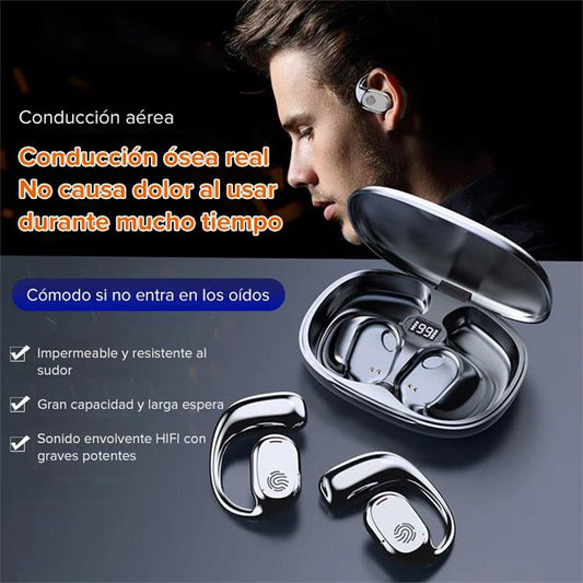 99H de duración, auriculares Bluetooth de conducción ósea con gancho para la oreja real.